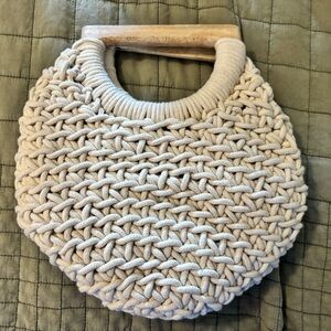 a new day Beige Knitted Tote with Wooden Handle